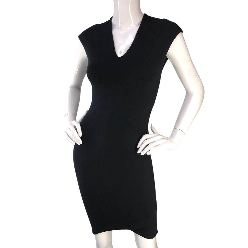 Helmut Lang Womens Size S Dress Stretch Bodycon V Neck Cap Sleeve Black USA MADE